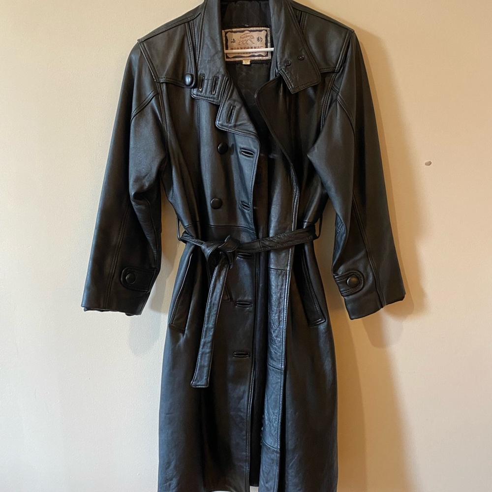 Black leather trench coat duster vintage size L jacket